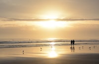 two people walking on the beach at sunset